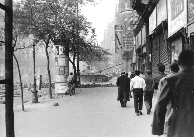 Tank and onlookers on a Budapest street during the 1956 revolution