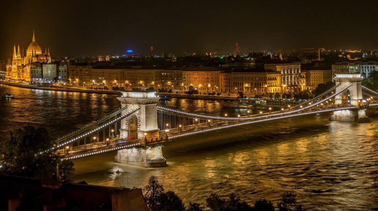 The Széchenyi Chain Bridge in Budapest illuminated at night