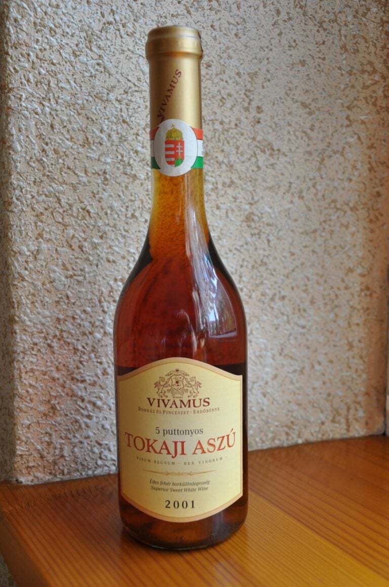 A glass of golden Tokaji Aszu wine