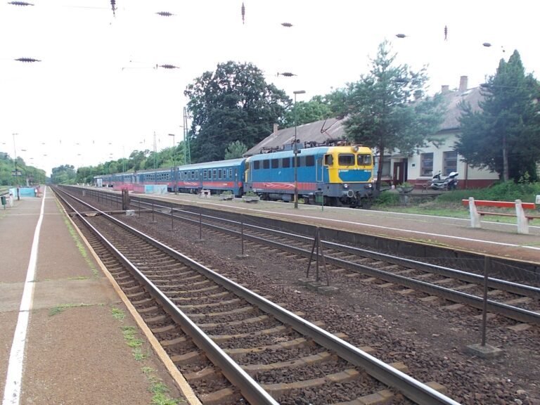 A MAV V43 train at a station near Veresegyhaz, Hungary