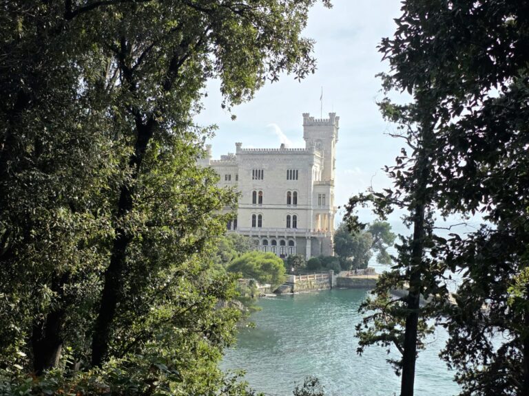 White turrets of Miramare Castle above the Adriatic near Trieste