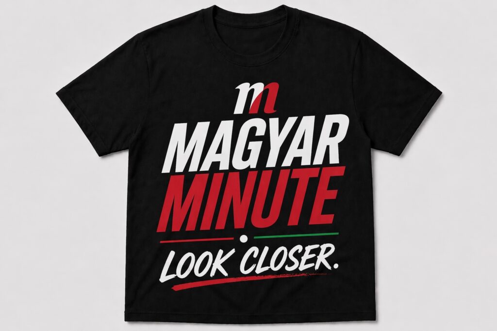 Magyar Minute fekete póló a Nézz közelebb dizájnnal