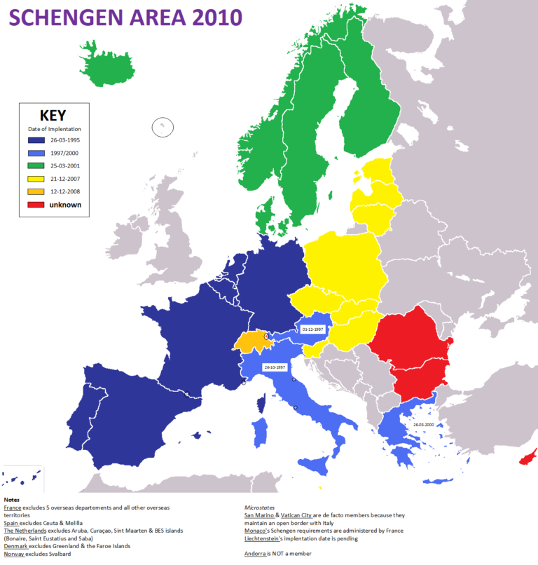 Map of the Schengen Area in Europe with member states shaded