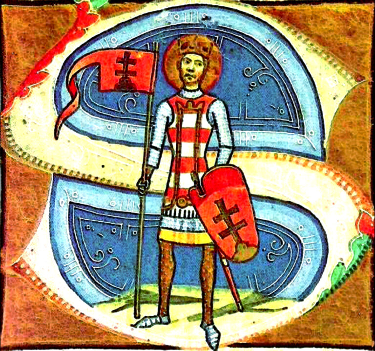 Illuminated medieval portrait of King Stephen I of Hungary from the Chronicon Pictum