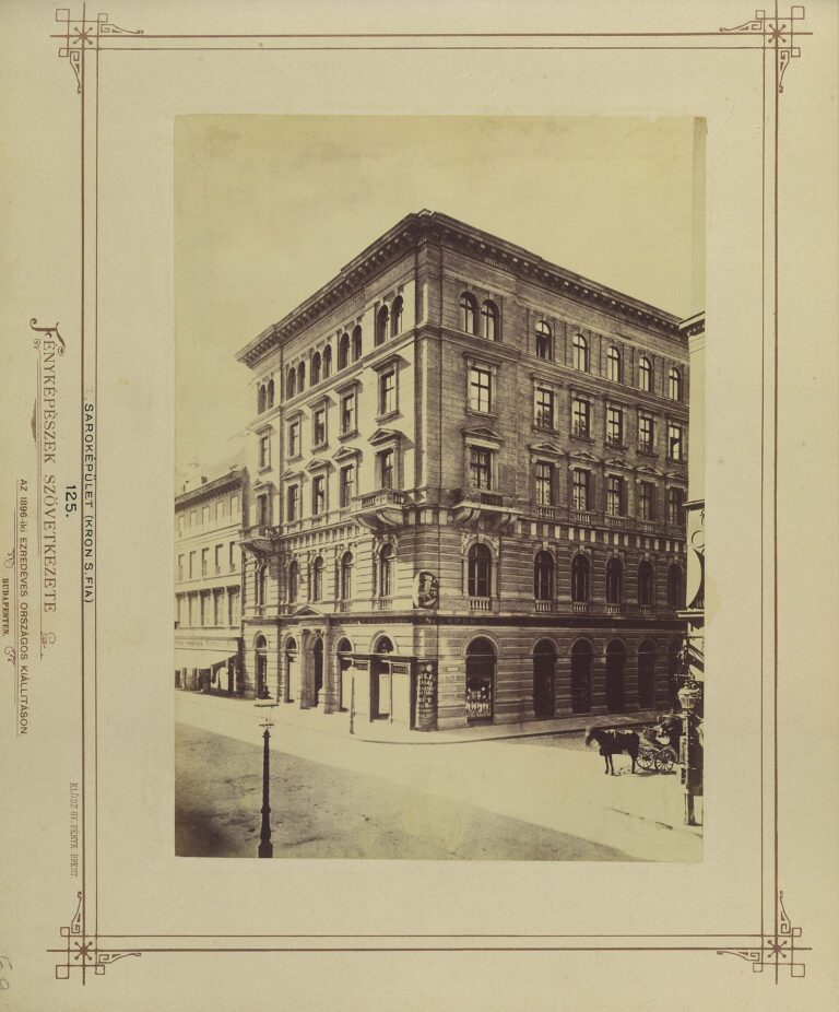 Black and white photograph of the Dorottya utca and Szende Pal utca corner in Budapest around 1878, showing the savings bank building