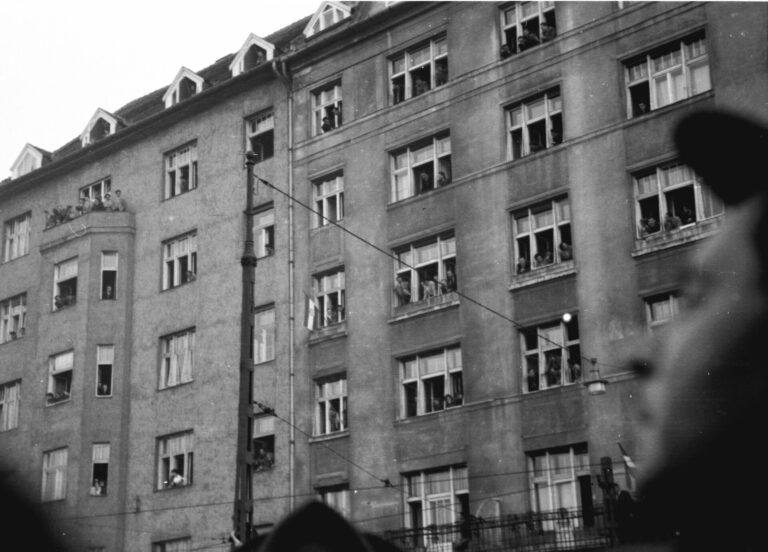 Archival photograph of Bem Square and the Ministry of Foreign Affairs building in Budapest in 1956